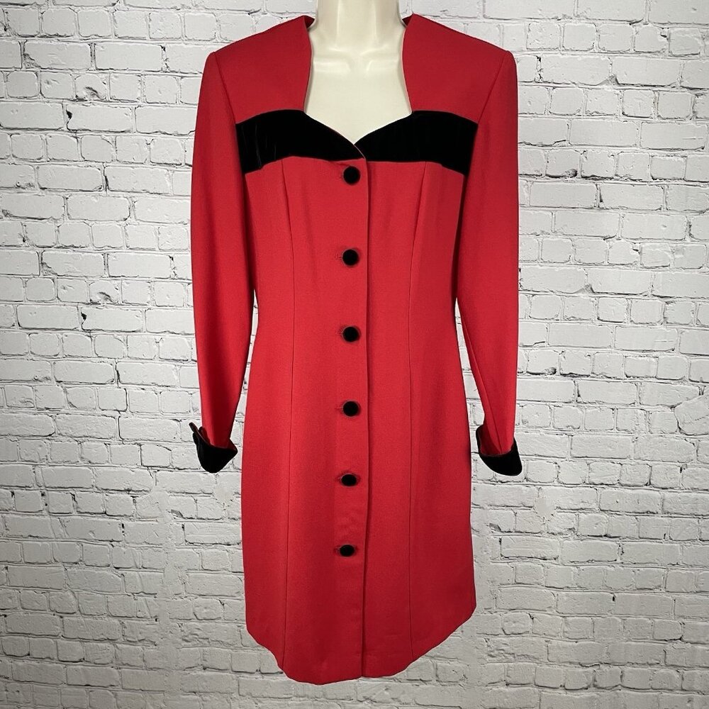 VTG Lew Magram Red Velvet Accent Button Long Sleeve Padded Dress USA Made Size 6